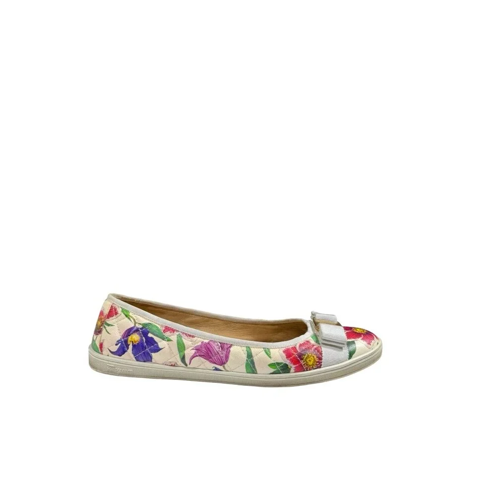 Salvatore Ferragamo Vara Bow Floral Flats Shoe Accent Leather Sz 10.5 C Designer
